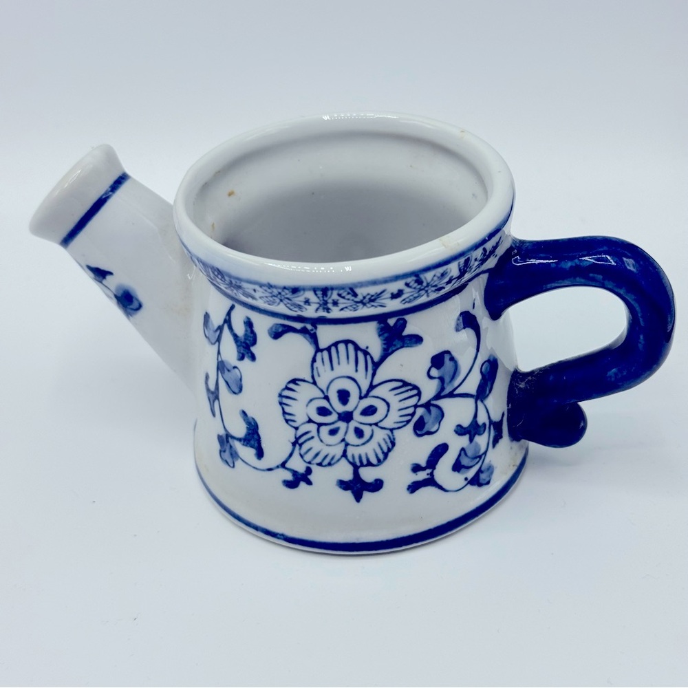 Vintage Mini Ceramic  Chinoiserie Watering Can White Blue Floral